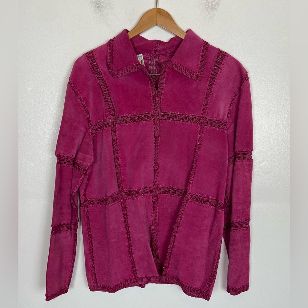 S.M.H Boutique Suede Leather & Crochet Jacket L Pink Boho Patchwork‎ Cottagecore